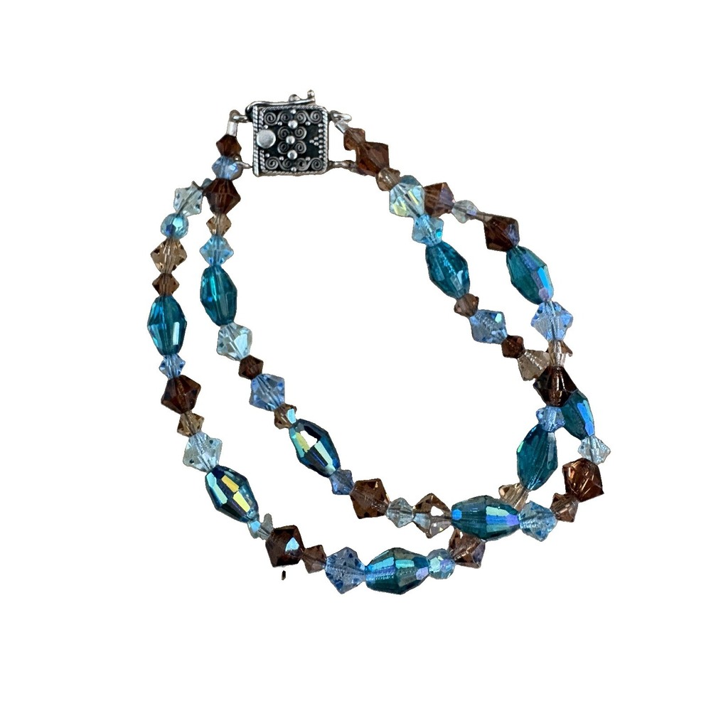 Double Strand Blue Glass Bead Bracelet Ornate Sterling Silver Box Clasp 7.5"